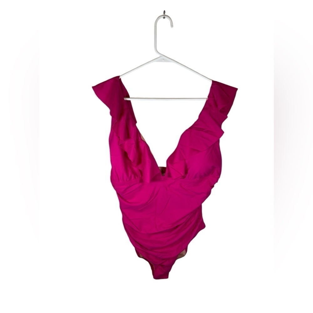 J.Crew fuchsia, pink ruffle ruched one piece swimsuit, size 18